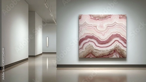 Fototapeta Modern gallery hallway with a natural-stone inspired art piece. High gloss floors reflect