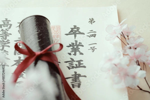 Fototapeta 卒業証書と桜の花びら
