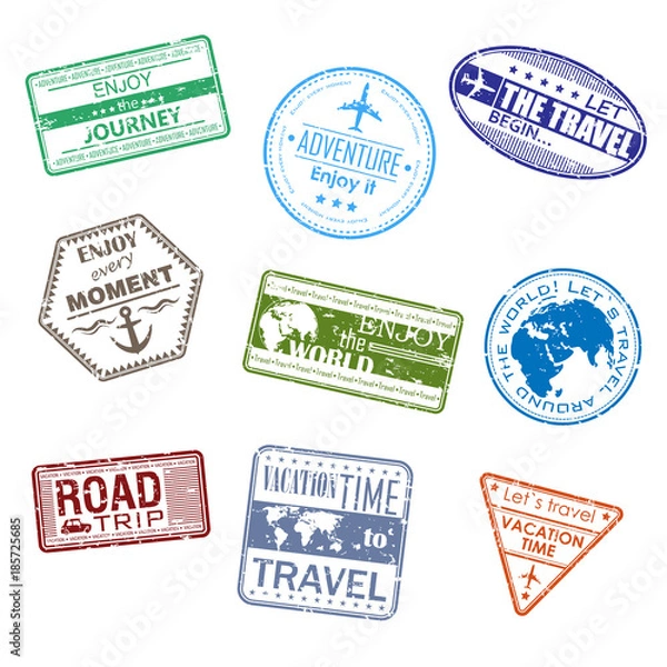 Fototapeta 9 slogans about travel in the form of a visa on a white background. Vector illustration.