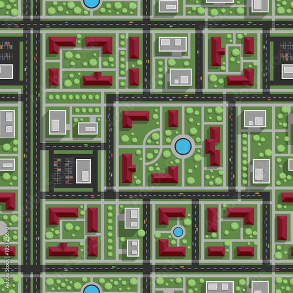 Fototapeta Seamless city pattern (top view). Vector illustration.