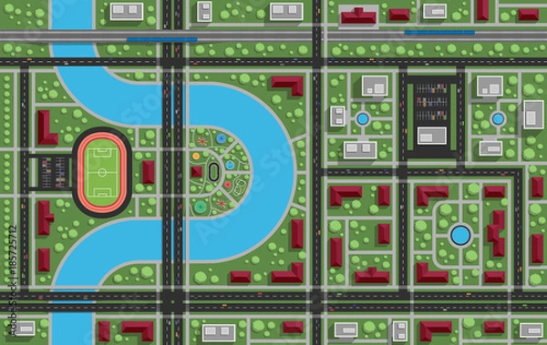 Fototapeta Residential area with a park, stadium, river, railway. View from above. Vector illustration.