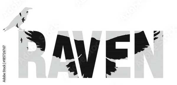 Obraz Vector illustration of the raven word with raven  silhouette with the fluttering wings. Double exposure effect.