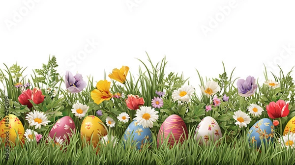 Obraz Easter Eggs and Mixed Flowers Border in Green Grass