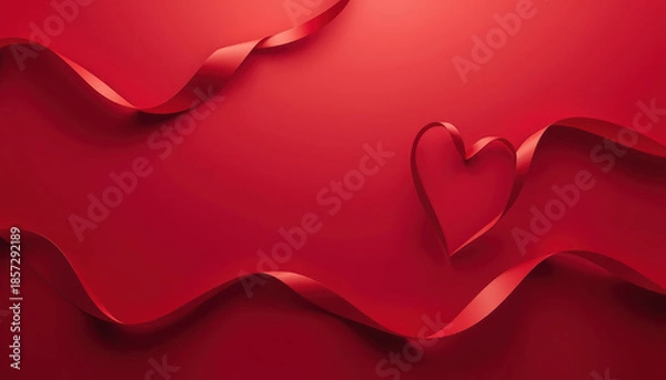 Obraz Red ribbon waves forming heart shape on red background evoking romantic mood