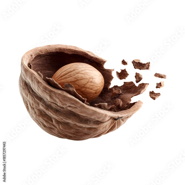 Obraz Cracked Walnut Shell Exploding with Whole Kernel Inside on Transparent Background