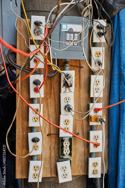 Obraz Panel with multiple power strips and exposed electrical