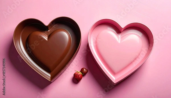 Obraz ピンク背景に並ぶハート型チョコレートトレイ。バレンタインのイメージ。Heart Shaped Chocolate Trays on Pink Background for Valentine’s Day.
