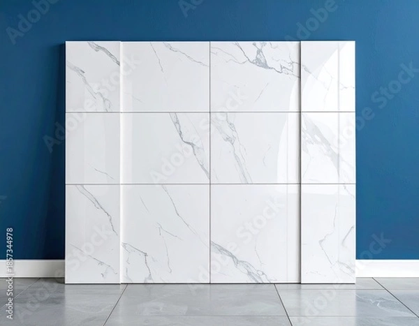 Obraz Marble-patterned tile wall against a blue background