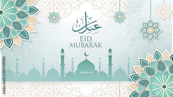 Fototapeta Elegant Eid Mubarak Greeting Card with Mosque Silhouettes and Islamic Ornaments, Festive Design, Spiritual Celebration, AI Generated