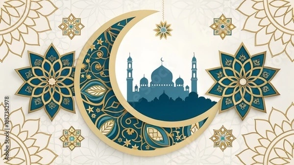 Fototapeta Elegant Islamic Crescent Moon and Mosque Celebration, Spiritual Festivity, Sacred Architecture, Islamic Tradition, AI Generated