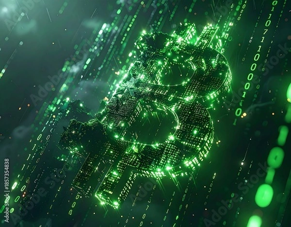 Fototapeta Futuristic digital bitcoin symbol surrounded by binary code and light
