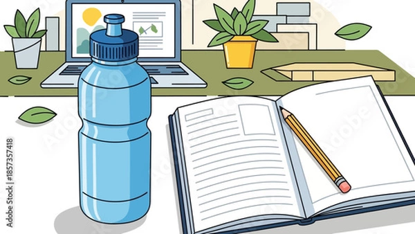 Obraz Cozy study desk setup with notebook and water bottle.