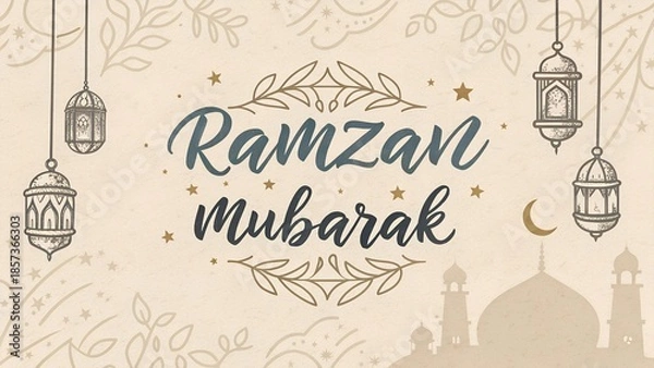Fototapeta Ramzan Mubarak Festive Greeting with Islamic Lanterns and Mosque, Spiritual Celebration, Sacred Design, Cultural Festivity, AI Generated