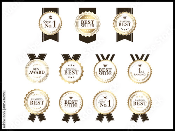 Fototapeta 月桂樹ランキングメダルのゴールドバナーセット