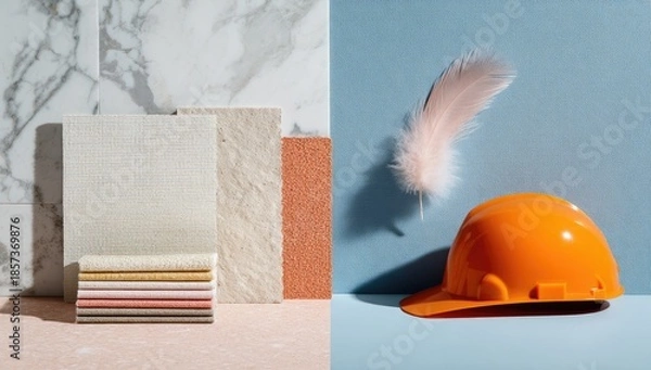 Obraz Marble & tile samples, feather & hardhat. Juxtaposition