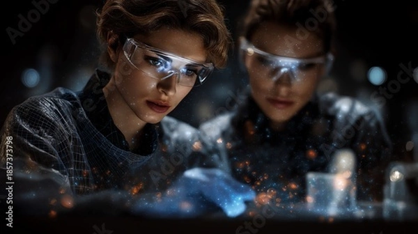 Obraz two focused scientists working on advanced electronic device