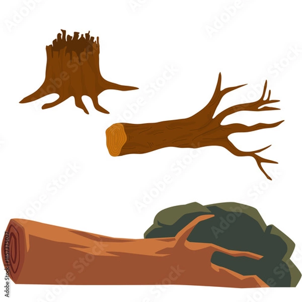Obraz Large Felled Tree with a Broken Trunk Flat Cartoon Vector