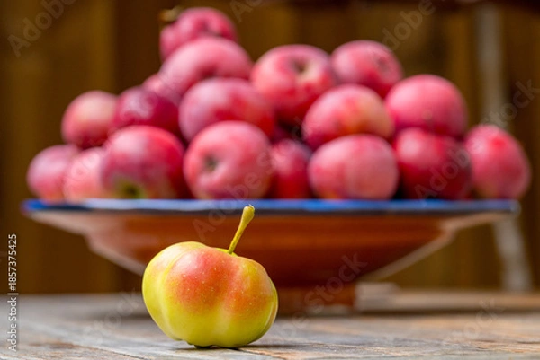 Obraz Ein Sternapfel vor einer Schale mit roten Äpfeln