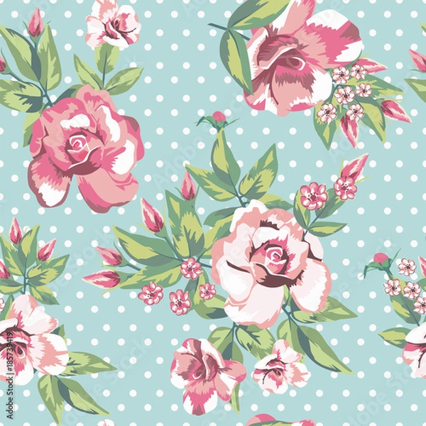 Obraz Rose flowers seamless pattern in white polka dots mint background