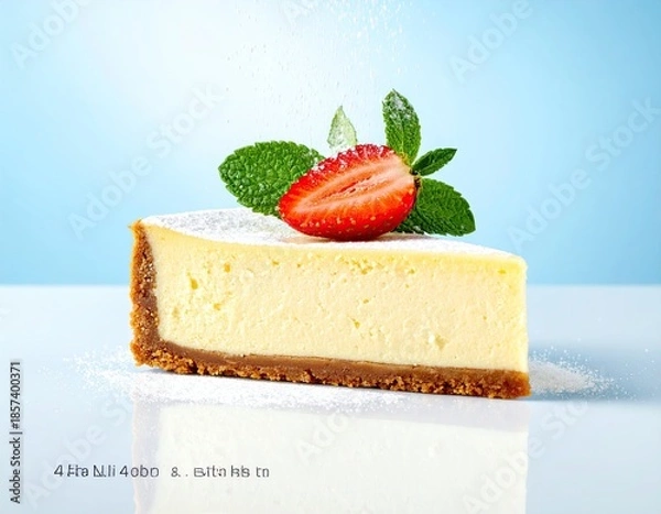 Obraz Cheesecake slice w/ berry & mint, powdered sugar dusting