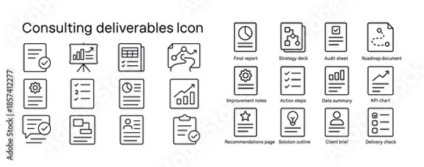 Obraz Consulting deliverables icon set - strategy, analysis, reporting