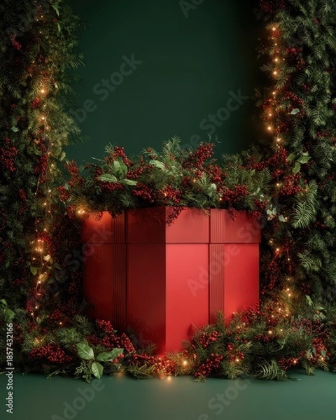 Obraz A red box with a christmas tree and lights