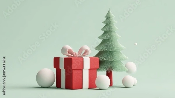 Obraz A christmas tree with a gift box and eggs