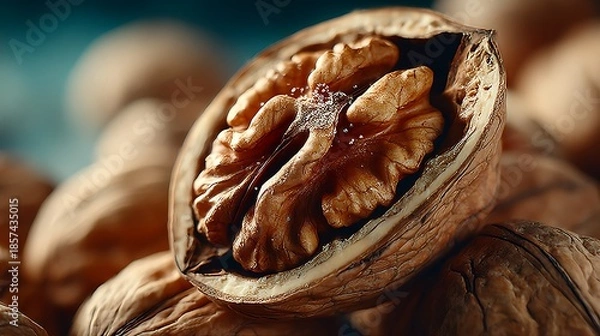 Obraz Pile cracked walnuts visible kernel illustrator