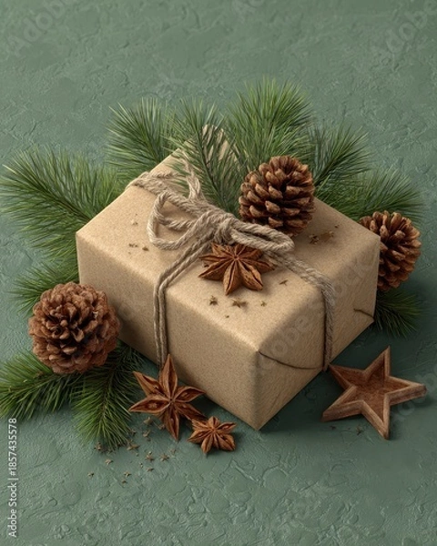 Obraz A present box with a pine branch and pine cones