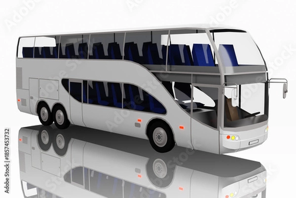 Fototapeta Un rendering 3D di un autobus a due piani bianco è visualizzato su uno sfondo bianco. L'autobus è dotato di tre assi e ampie finestre, con sedili blu visibili attraverso i finestrini trasparenti.