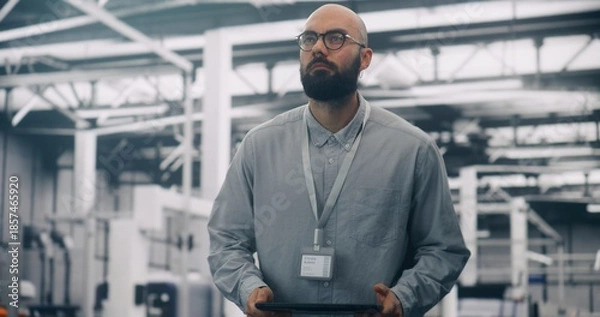 Fototapeta Data Analysis, Engineer Auditing Infrastructure With Digital Tablet. Serious Male IT Engineer Auditing Systems in Large, Modern Data Center. Data Integrity, Professional Control, and IT Analysis.