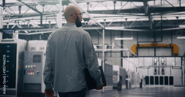 Fototapeta Professional Inspecting IT Infrastructure. Bearded Engineer Walks Between Rows of Servers, Seemingly Conducting Silent Technical Audit of Cloud Architecture. Technical Control and System Integrity.