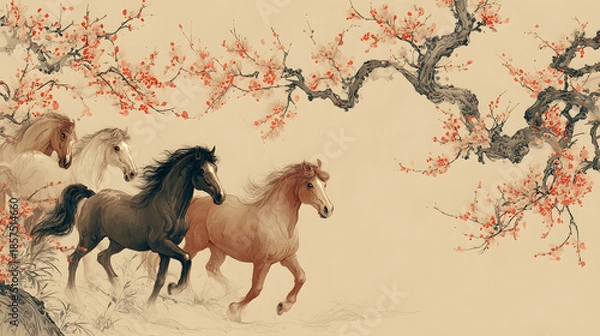 Obraz Ancient chinese painting style horse zodiac festival