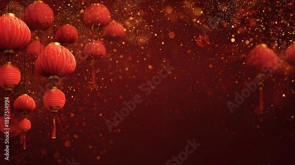 Obraz Red lanterns fireworks asian new year background