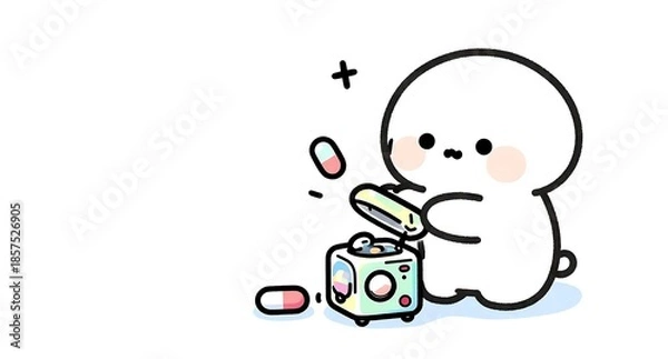 Obraz 小さな箱にカプセルを入れて整理する白いキャラクター