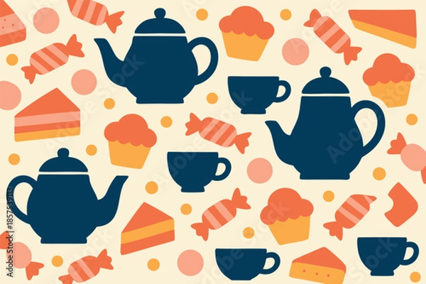 Obraz Tea and Dessert Pattern Illustration with Teapots Cups and Sweets