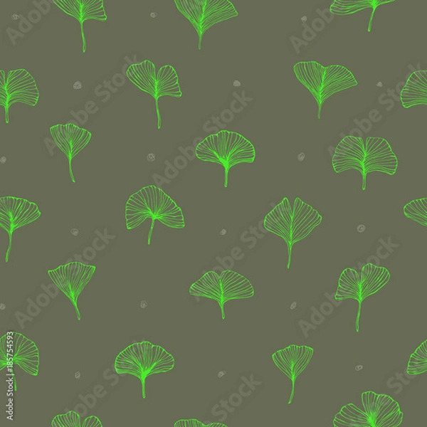 Fototapeta seamless pattern with ginkgo biloba bright contrast green color leaves, textured hand drawn outline leaf veins