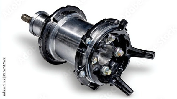 Obraz Metallic Mechanical Component with Multiple Outlets and Complex Reflective Surface Isolated on White