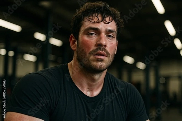 Obraz Sweaty exhausted athlete resting after intense workout in a gym, close-up portrait showing fatigue and determination.