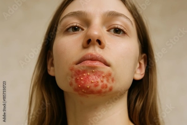 Obraz Young woman with severe inflammatory acne around chin, closeup dermatology portrait showing red pustules and irritated skin condition.