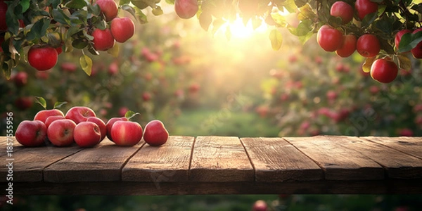 Obraz Fresh red apples placed on rustic wooden table with apple orchard background under warm sunrise light, perfect for food advertising, wellness branding, organic product packaging