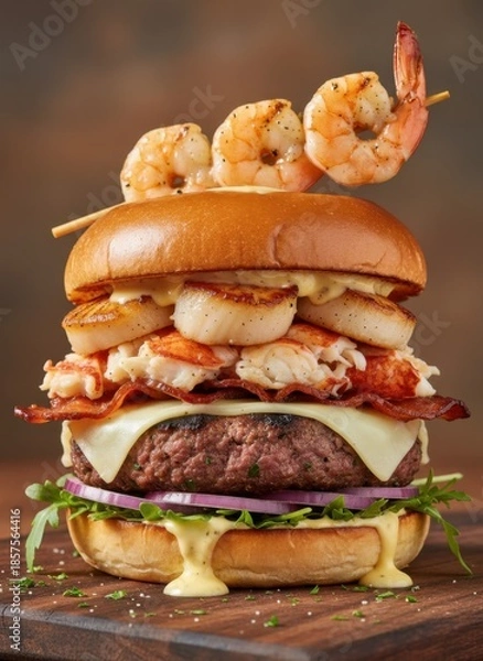 Obraz Gourmet Seafood Burger Featuring Grilled Shrimp Scallops Lobster and Bacon Topped with Cheese and Red Onion on a Brioche Bun With Creamy Sauce and Arugula Garnish