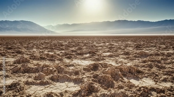 Fototapeta Cracked dry earth stretches across a vast desert landscape under a hazy sun with distant mountains