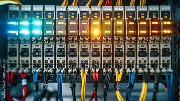 Fototapeta Open Electrical Panel With Neatly Arranged Circuit Breakers And