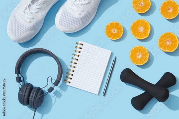 Obraz Kobieta fitness leżał płasko, trampki, hantle, terminarz notebooka na niebieskim tle, rezolucja nowego roku zdrowego stylu życia sportowego