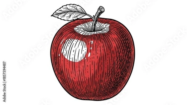 Obraz Vibrant red apple with leaf on white background