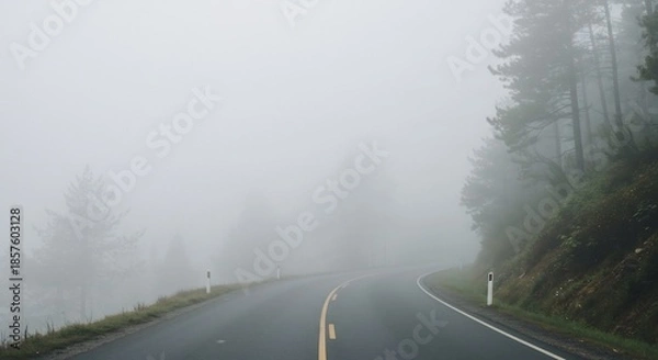 Obraz 濃霧に包まれ柔らかな光が満ちる山道が森の中へ静かに続く幻想的な風景. AI Generated