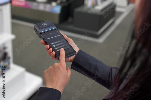 Obraz Person selecting payment method on modern portable POS terminal in retail environment, representing digital checkout interface, user interaction, and fintech payment technology