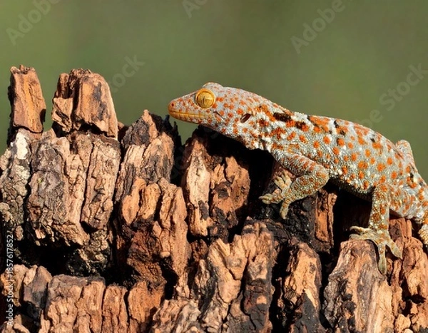 Obraz A gecko perched on weathered bark