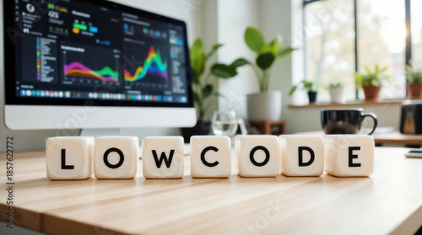 Fototapeta Low-code application platform for business process automation with analytics dashboard data, enabling rapid development, workflow integration and deployment for teams creating internal tools